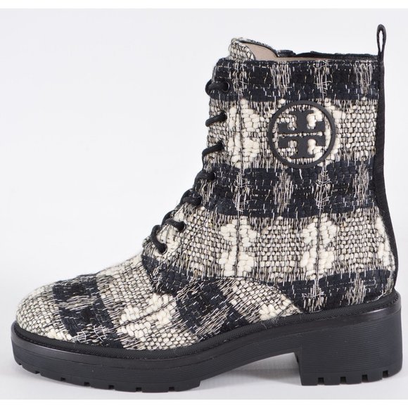 New Tory Burch MILLER Lug Sole Tweed Leather 50 mm Bootie Combat Boots - Picture 2 of 13